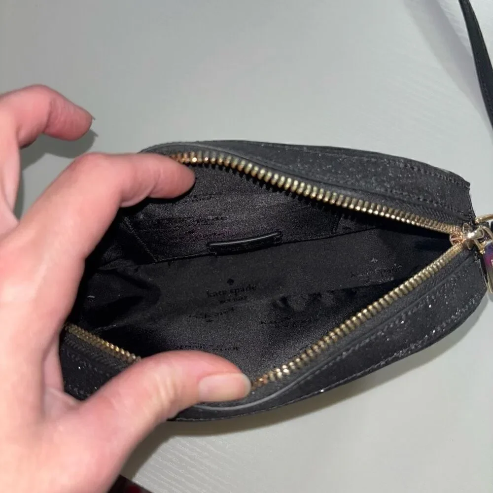 Kate spade Glimmer Oval Camera Bag crossbody purse black glitter new